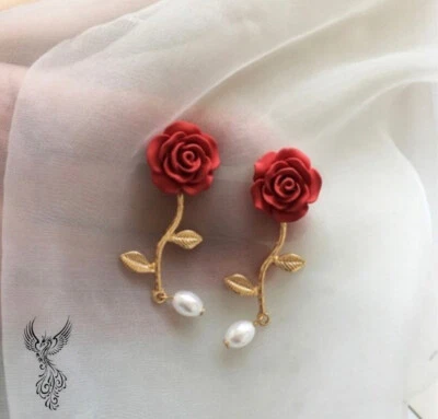 Gold Plated Red Rose Flower Imitation Pearl Earrings 58mm     #557 - Image 1 of 4