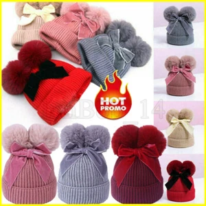 Kinder Mütze Winter Strickmütze Weich Junge Mädchen Beanie mit zwei Bommeln - Bild 1 von 21