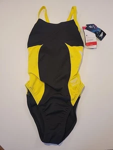 NWT New Speedo Endurance Girls Flyback Competiton Swimsuit 26 Black / Yellow - Picture 1 of 7