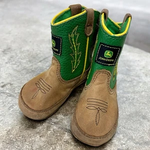 John Deere Infant / Toddler Leather Western Baby Boots Tan/Green Size 4 - Picture 1 of 8