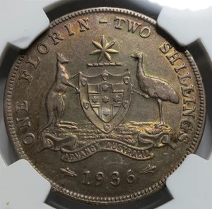 AUSTRALIA Florin 2 shillings 1936 NGC AU 58 UNC Rainbow Toning Silver George V. - Picture 1 of 9