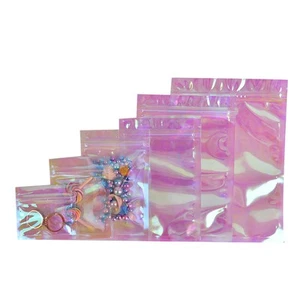 100Pcs Iridescent Zip lock Bags Cosmetic Plastic Laser Holographic Zipper B_RI - Imagen 1 de 17