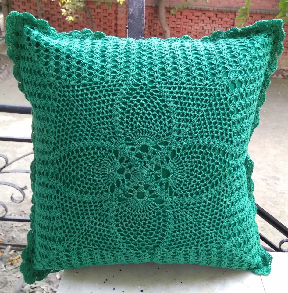 HANDMADE Crochet  CUSHION COVER   SIZE  16"x16" inch     Dark Green Color - Image 1 of 1