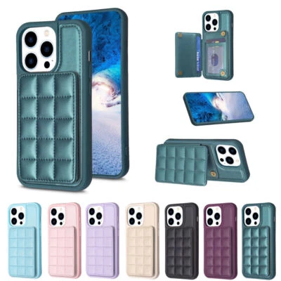 Leather Grid Card Wallet Phone Case For iPhone 11 12 13 14 Pro Max XR XS 7 8 SE - Image 1 of 4
