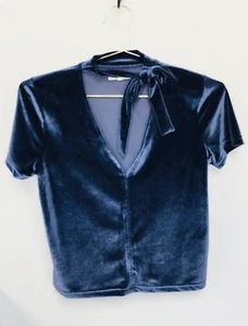 Madewell Women's Navy Blue Velvet Short Sleeve Tie-Neck Top Blouse Size Small - Picture 1 of 9