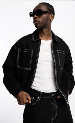 Chaqueta Harrington de gran tamaño con punto en contraste en negro talla grande de ASOS Design Foto 1 de 4