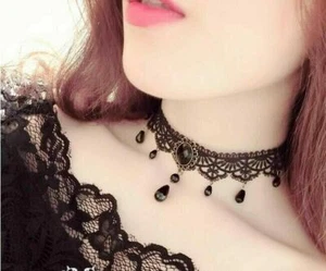Gothic Punk Black Lace Retro Choker Collar Flower Pendant chain Necklace - Picture 1 of 4