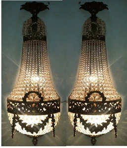 Pair Rustic Antique Replica Basket Crystal Bronze French Empire Wall Sconces - Picture 1 of 5