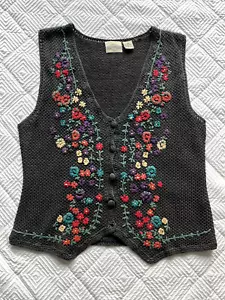 Denimn Republic Floral Embroidered Sweater Vest Natural Fiber Women's Medium - Picture 1 of 7