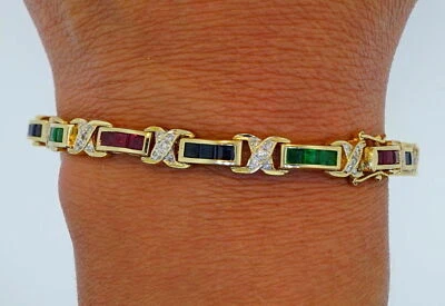 4.2 Ct Lab-Created Ruby, Sapphire and Emerald Yellow Gold Plated Tennis Bracelet - Image 1 of 4