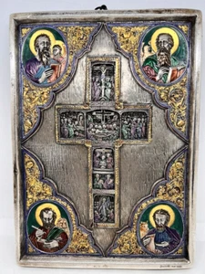 Antique 925 Silver Enamel Icon Jesus Christ Cross Religious 20th MADE IN ITALY - Picture 1 of 11