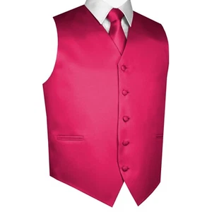 Men's Fuchsia Satin Formal Wedding Prom Homecoming Tuxedo Vest Tie Hankie Set - Picture 1 of 4