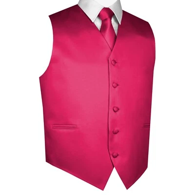 Men's Fuchsia Satin Formal Wedding Prom Homecoming Tuxedo Vest Tie Hankie Set - Image 1 of 4