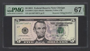 United States 5 Dollars 2021 Fr#1999-G (QGA Block) "Repeater S/N" UNC Grade 67 - Picture 1 of 2