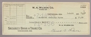 1954 used check - W.A. Wilson Co, McGiffen Guernsey Farms,. Vincennes, Indiana - Picture 1 of 1