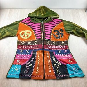 Women's Full Zip Hoodie Size XL Handcrafted in Nepal Bright Boho Chunky Stitch