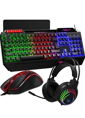 NEW AULA Gaming Keyboard Mouse Headset and Mousepad RGB LED Backlit Bundle Set - Image 1 of 4