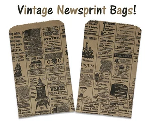 100 6x9 Newspaper Paper Kraft Bags,Vintage, Rustic Style Newsprint Favor Craft - Picture 1 of 9