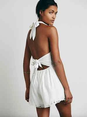 NEW S $128 Free People Day Dream Crochet Halter Romper Playsuit Ivory Shortall - Image 1 of 4