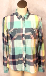 PLaid shirt Woman's Sz L American Eagle Lined up Patch pockets Teal SOFT - Picture 1 of 5