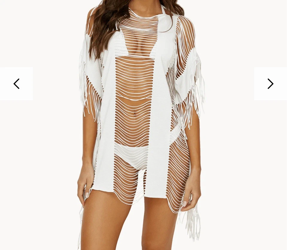 NWT PQ Swim Monique Shredded Fringe Trim White Cover Up Size XS/S Swimsuit Cover - Image 1 of 4