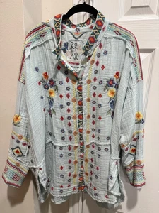 Johnny Was XXL Top blau Gaze Oversize bestickt Knopf Florence Tunika - Bild 1 von 10
