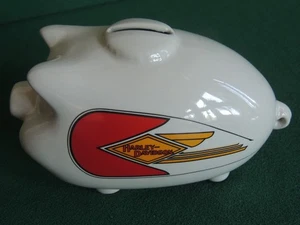 EXC Harley Davidson Ceramic Hog Pig Piggy Bank 1935 Model Tank w/Graphic White - Picture 1 of 6