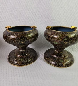 VTG Ashtray Cloisonne Chinese Set Of 2 Rare Size 4" X 3" Floral Design - Picture 1 of 15