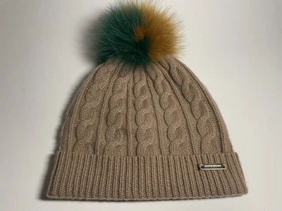 BURBERRY Fox Fur Pom Pom Wool and Cashmere Blend Beanie Camel Rope Knit 9"x9" - Image 1 of 4