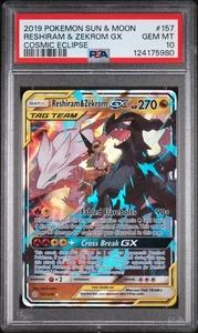 2019 POKEMON SUN & MOON COSMIC ECLIPSE #157 RESHIRAM & ZEKROM GX PSA 10 - Picture 1 of 2