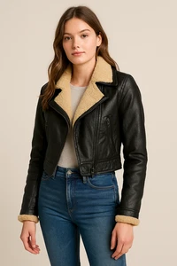 Miss Selfridge Kunstleder Bikerjacke Gr. 6 schwarz Lammfell gefüttert NEU - Bild 1 von 7