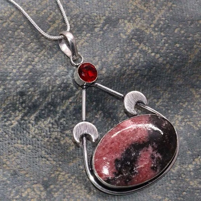 Collar de granate súper rodonita enchapado en plata 925 talla 20" GW Foto 1 de 3