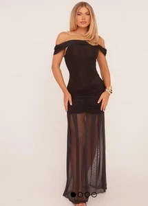 Ego Bardot Ruched Detail Maxi Dress In Black Mesh Size 12 - Picture 1 of 8