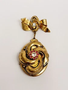 Vintage Large Gold Coro Locket Pink Clear Rhinestones Bow Love Knott Brooch - Picture 1 of 3