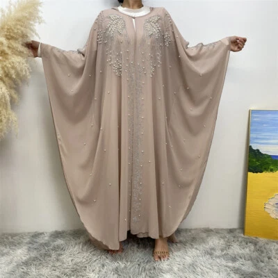 Fashion Women African Dresses Beaded Pearls Chiffon Cardigan Dress Hooded Robe - Image 1 of 4
