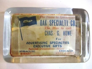 Antiguo pisapapeles de vidrio publicitario, Oak Specialty Co. Chas G. Howe - Imagen 1 de 5