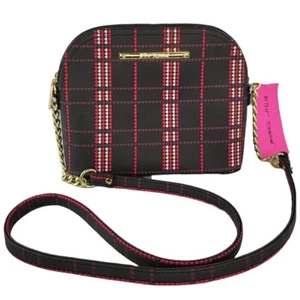 Betsey Johnson Womens Crossbody Purse Heart Plaid Purse Black Pink Gold New - Picture 1 of 9