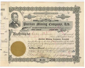 Puritan Mining Company, Ltd. certificato azionario. Idaho. 1910 - Foto 1 di 2