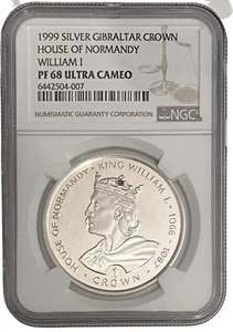 1999 Silver Gibraltar House of Normandy William I 1 Crown Proof Coin NGC PF 68 - Picture 1 of 2