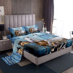 Boys Horse Bed Sheets Cherry Blossom Branches Steed Kids Dreamy Blue Sheet Se... - Picture 1 of 7