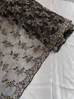 1 Meter Black/Gold Embroided Pearl Beaded Scalloped Bridal lace Fabric 58”wide - Image 1 of 4
