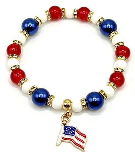 7" Patriotic Red, White, Blue Glass Beaded Stretch Bracelet w/American Flag USA - Picture 1 of 4