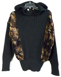 Suéter con Capucha Tejido Acanalado Negro Panel Floral Sin Marca Talla Pequeña - Imagen 1 de 11