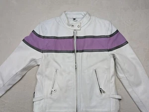 Leather King LK Motorcycle Jacket Thinsulate 3M Size Medium White Purple Women's - Picture 1 of 17