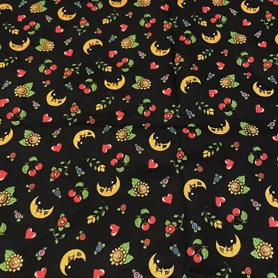 Vintage 2000 Mary Engelbreit Cherry Moon Flower Black Cotton Remnant 13" x 44" - Image 1 of 3
