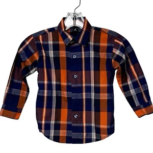 Nautica Shirt Boys 3T Blue Orange Plaid Button Up Classic Preppy School Casual - Picture 1 of 6