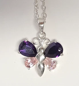 Sterling Silver Rhinestone Butterfly Pendant Necklace Pink Purple Wing 18" Chain - Imagen 1 de 17