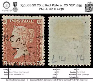 7361 GB SG C6 1d Red. Plate 14. C6. "RD" 1855. P14 LC Die II. C£30 - Picture 1 of 4