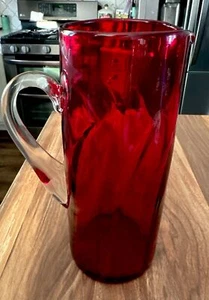 Ruby Red Blown Glass Pitcher with Applied Clear Handle, EUC 9.5" Tall - Picture 1 of 8