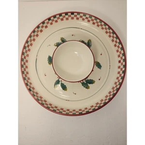 Christmas Unbranded Chip Vegetable Dip Platter Bowl Holly Plaid 14" Ceramic - Picture 1 of 14